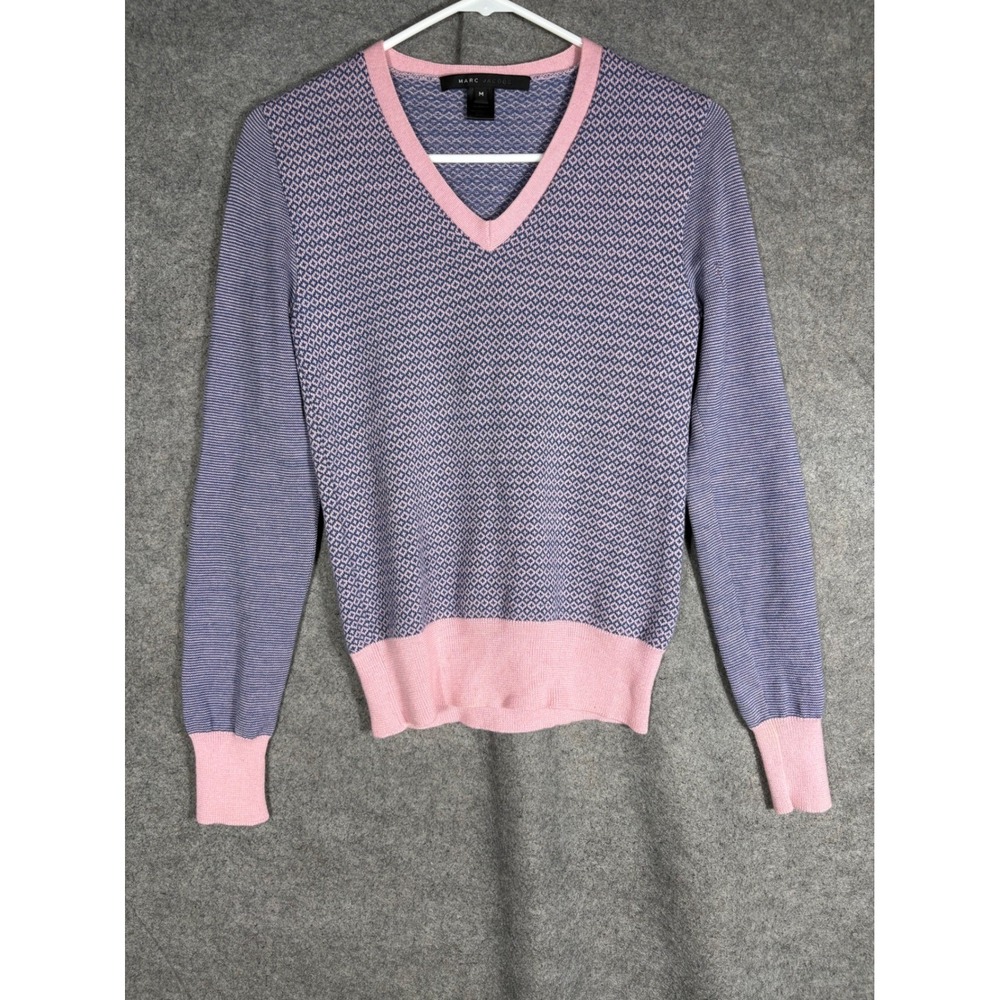 Marc Jacobs Womens Purple Pink 100% Wool Geometric V-Neck Sweater Size M